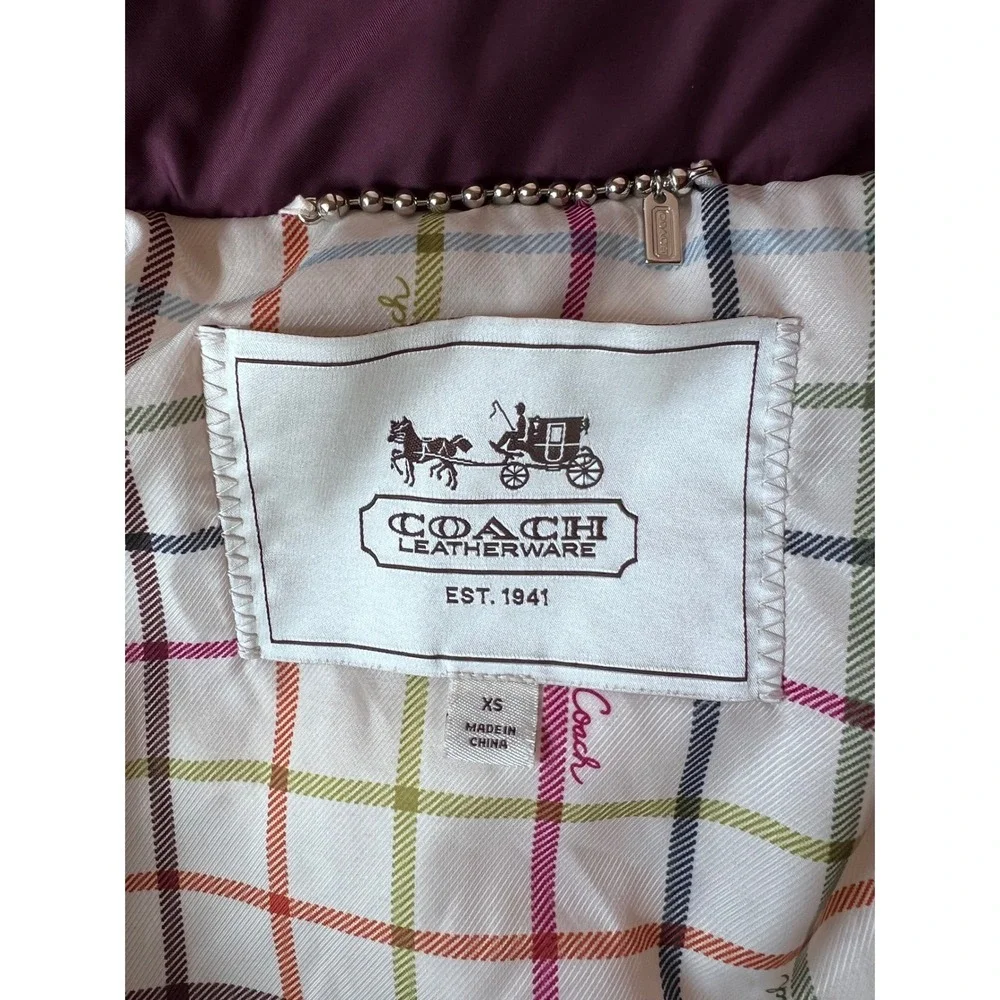 Coach Womens Burgundy Quilted Puffer Jacket Plaid Lining XS